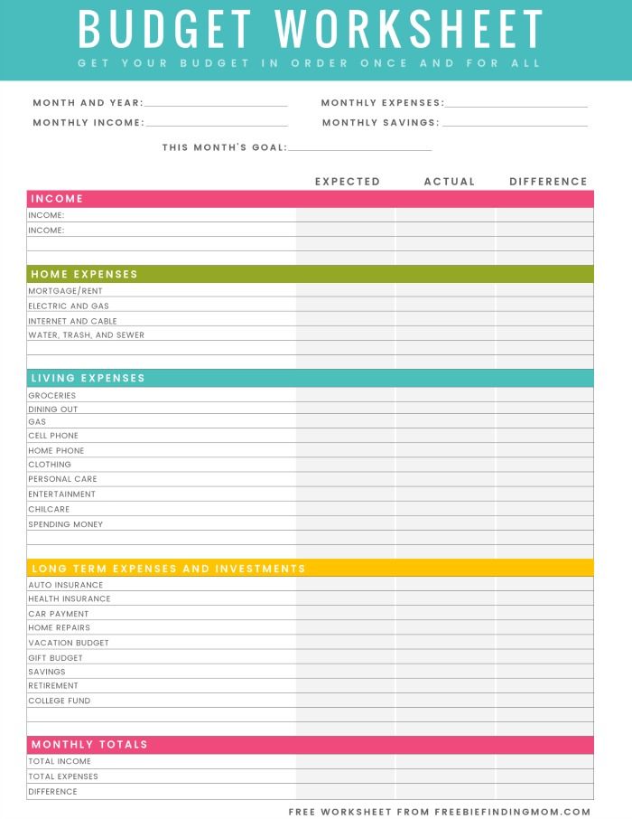 FREE Printable Budget Worksheets