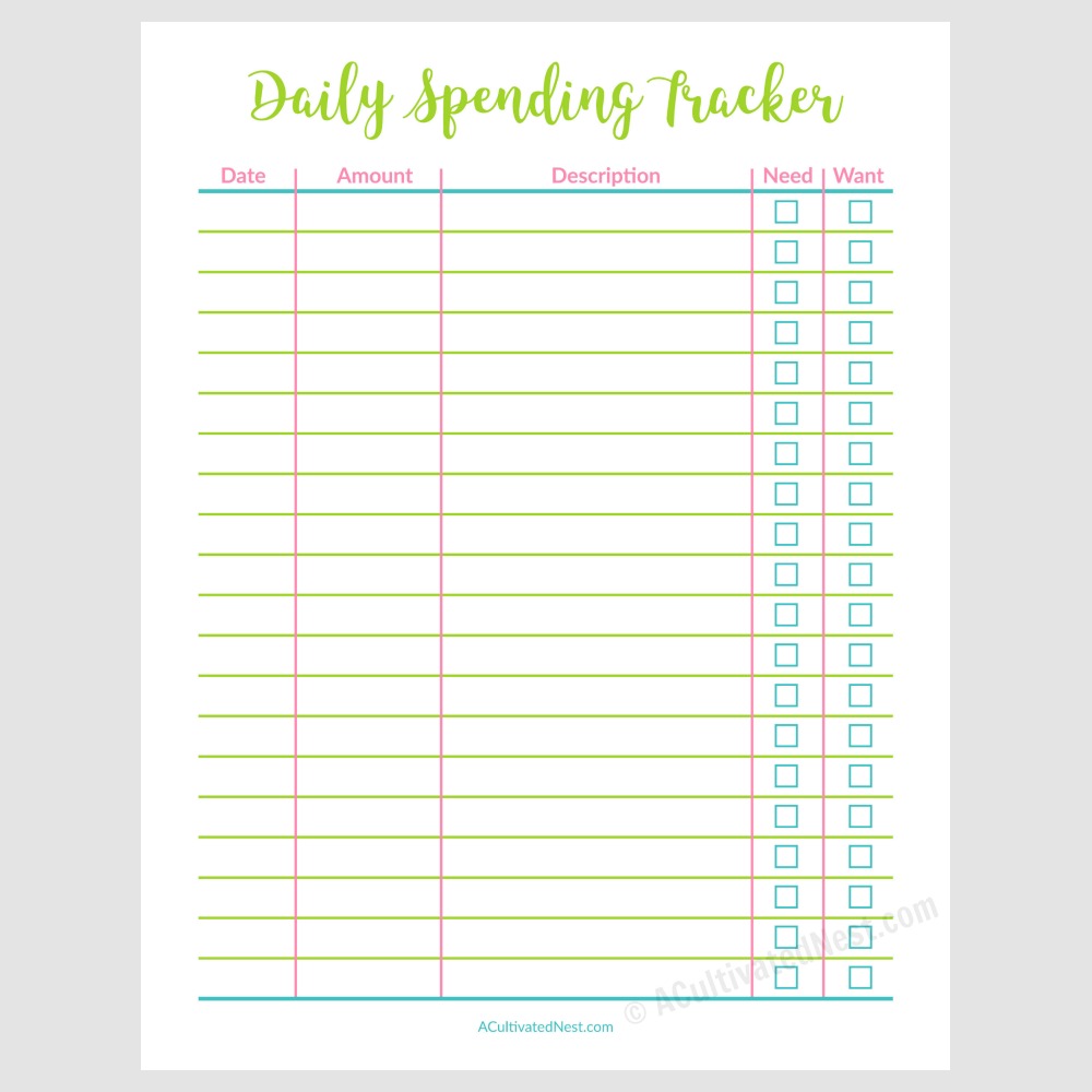 Printable Daily Spending Tracker  A Cultivated Nest
