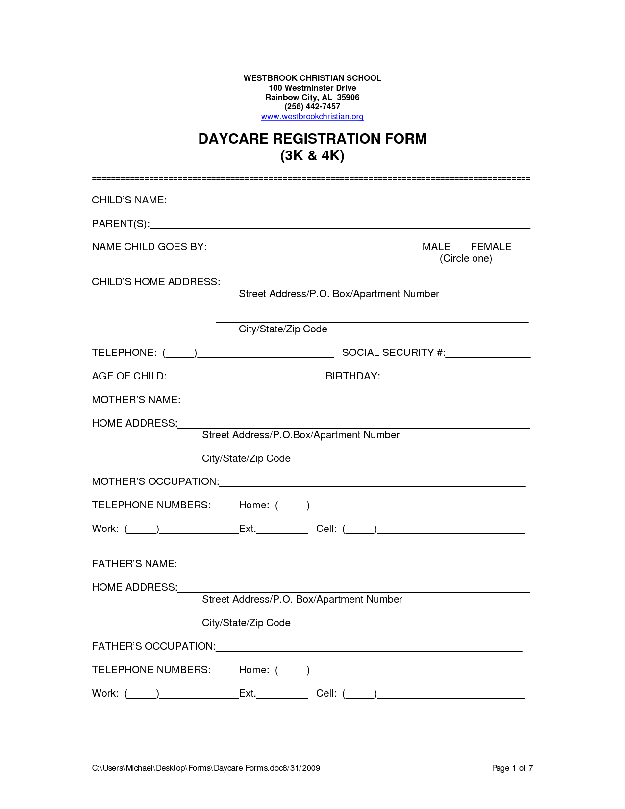Free Printable Home Daycare Forms | daycare | Daycare forms 
