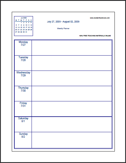 Free Printable Blank Weekly Planner for Academic Year. Pick your 