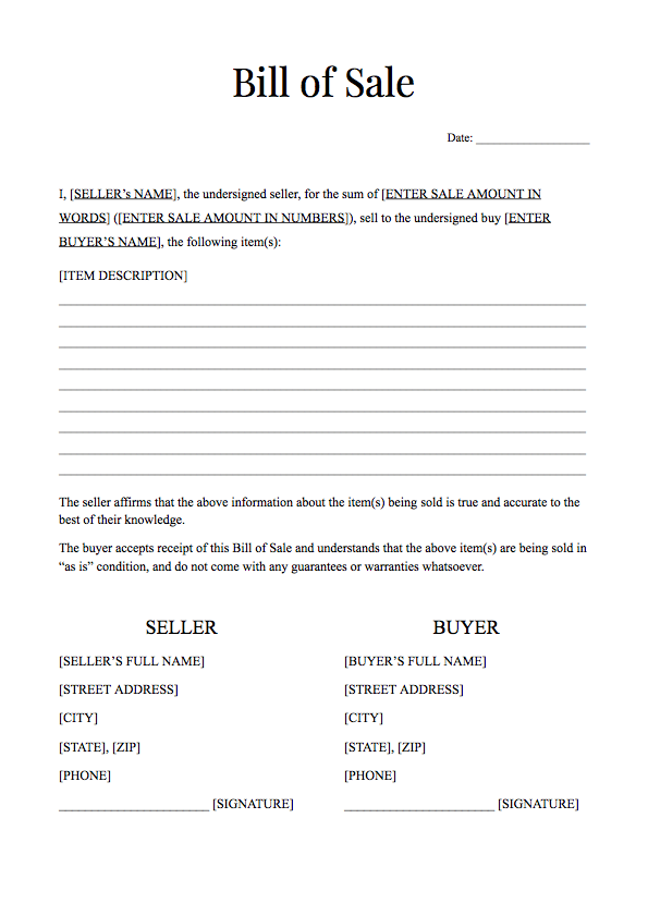 Free Bill of Sale Form Template | General Bill of Sale Forms