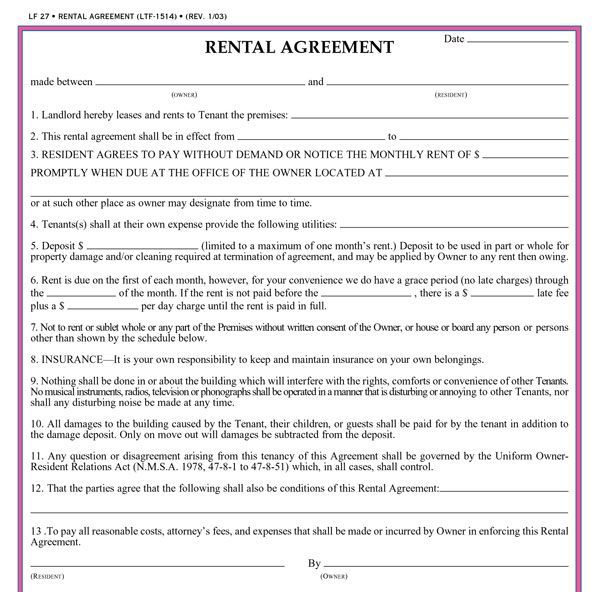 Printable Sample Residential Lease Agreement Template Form | Real 