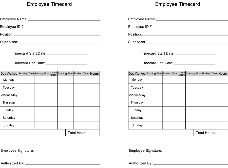 Free Time Card Template | Printable employee time card 