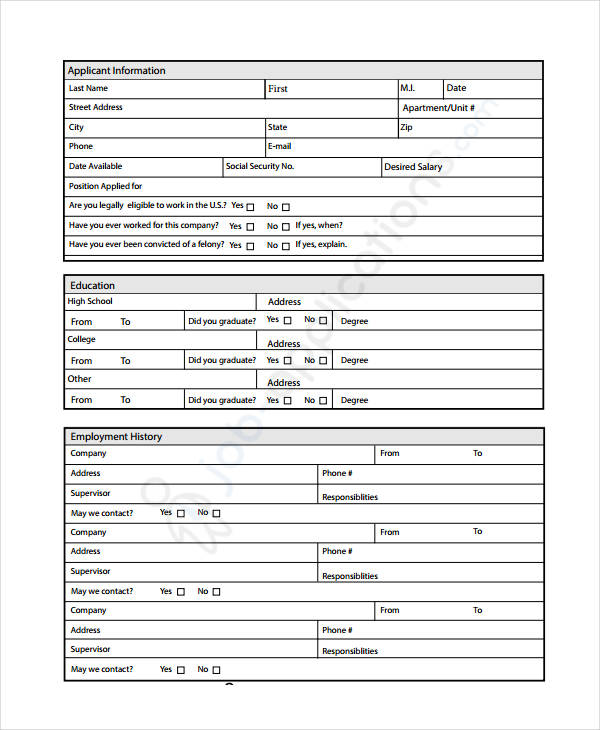 Generic Employment Application Template   8+ Free PDF Documents 