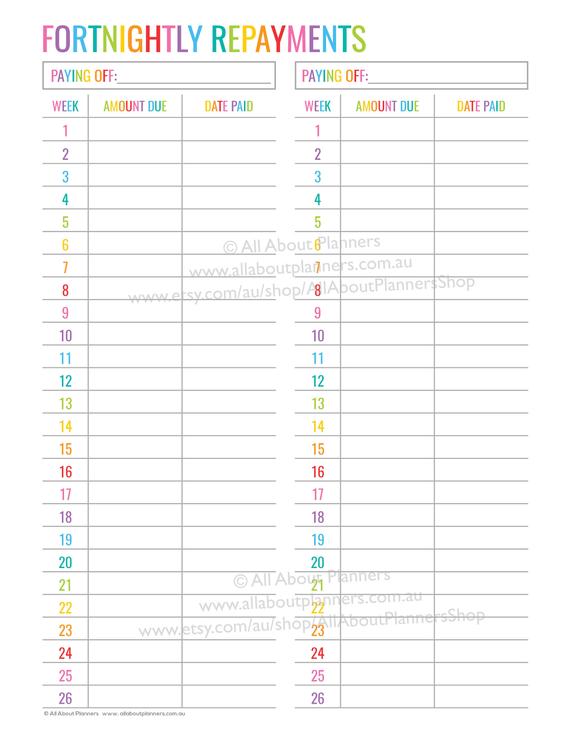 Fortnightly Repayments tracker printable editable insert expenses 