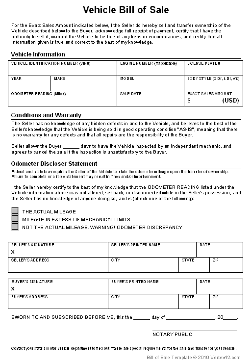 Free Bill of Sale Template   Printable Car Bill of Sale Form