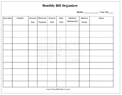 Free printable monthly bills organizer