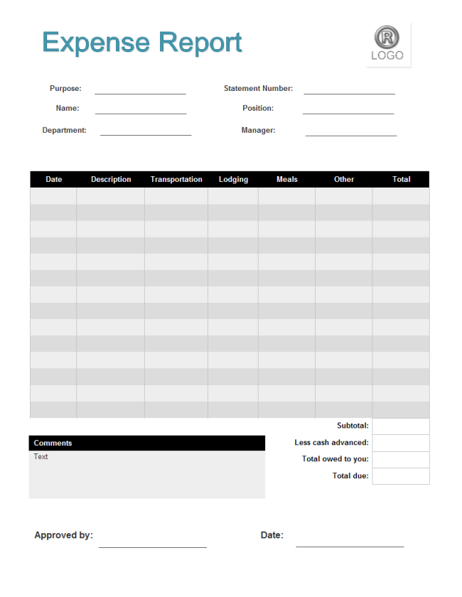 This printable expense report has spaces in which an employee or 