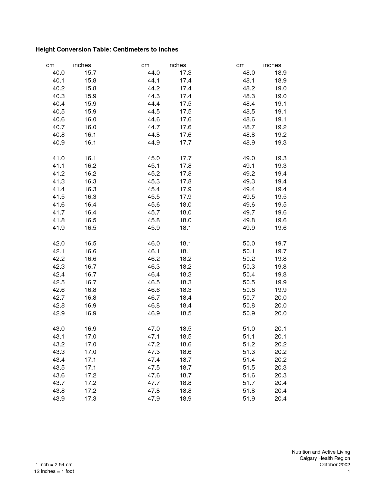 Height Conversion Chart Printable - Printable Templates
