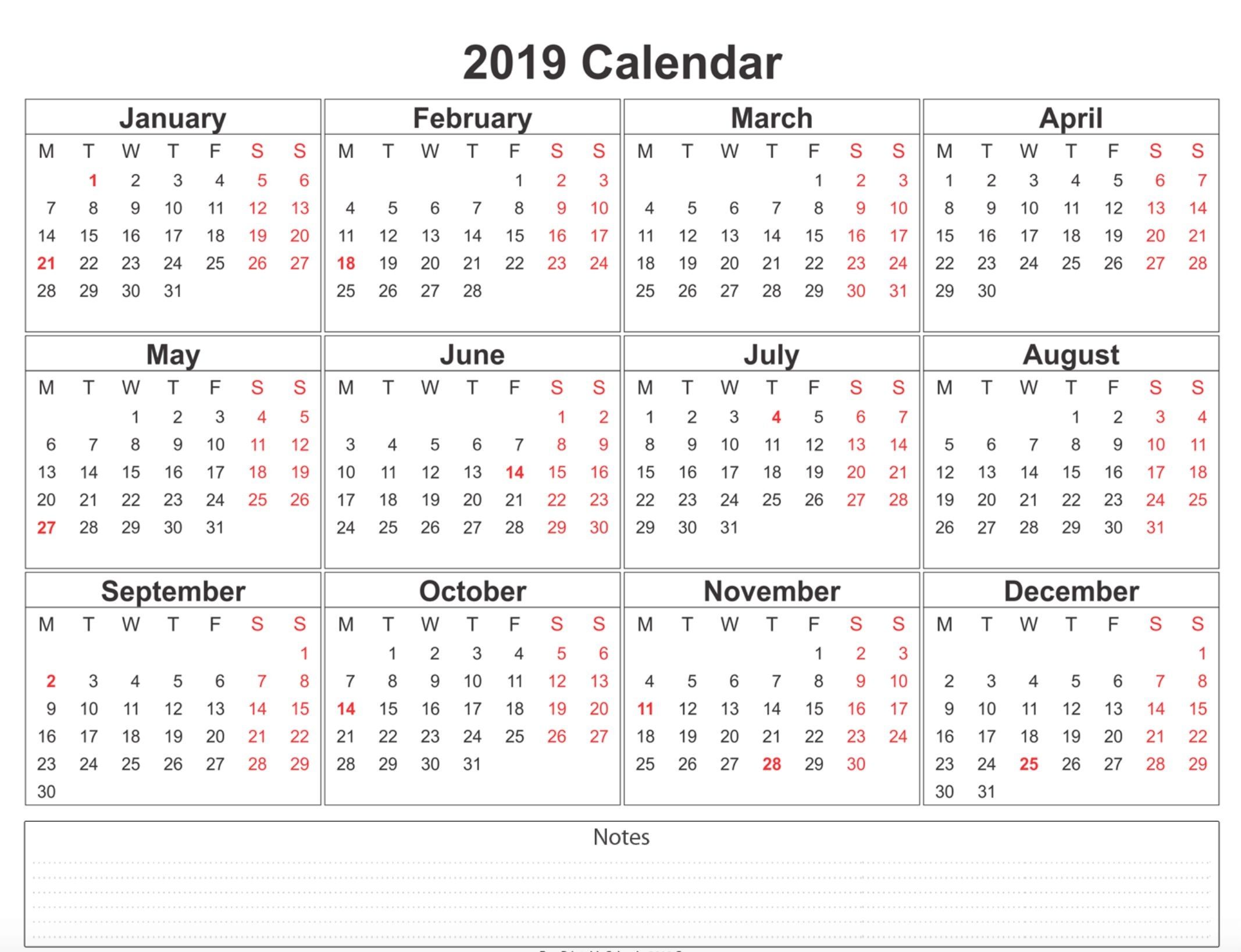 2019 Printable Monthly Calendar