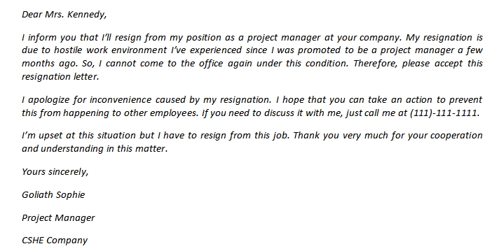 Resignation Letter Due to Hostile Work Environment and Its Sample ...