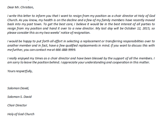 Resignation letter from Church Position and the example | Template ...