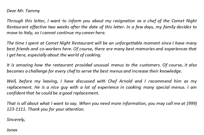 Restaurant Resignation Letter to Quit the Job Politely