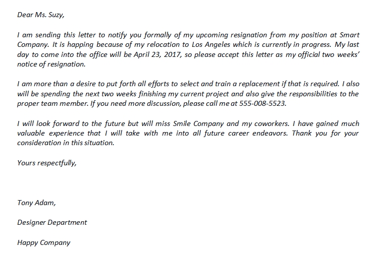 Resignation Letter Due To Relocation and its great example