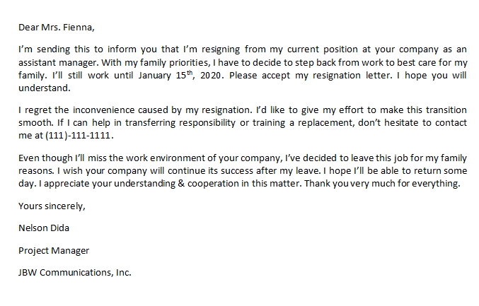 Resignation Letter Due to Family Reasons and Its Sample
