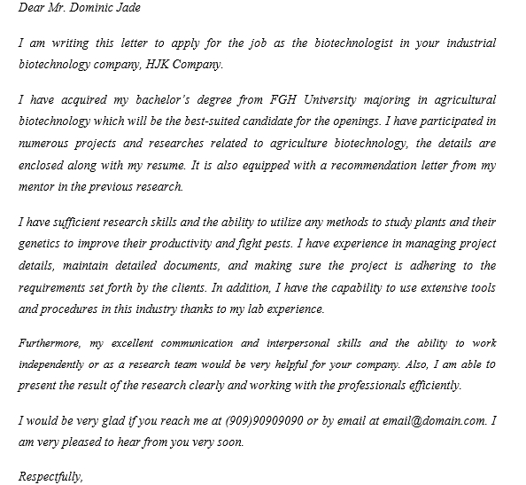 Writing Biotechnology Cover Letter for Entrylevel Biotechnologists