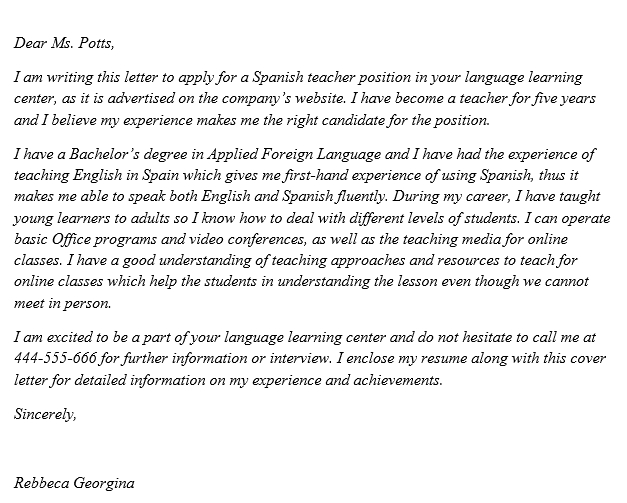 Motivation Letter In Spanish Best Spanish Teacher Cover Letter Motivation Letter In Spanish Best Spanish Teacher Cover Letter