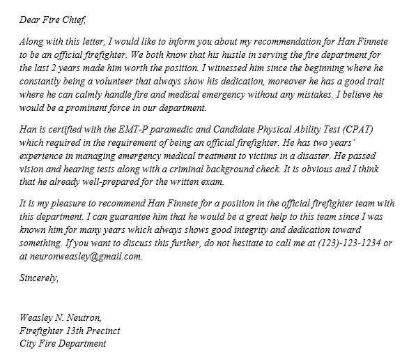 Firefighter Recommendation Letter You Can Implement | Template Business ...