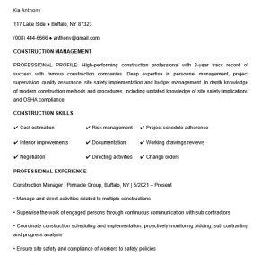 9 Construction Resume Template - Sample Construction Management Resume 300x295 